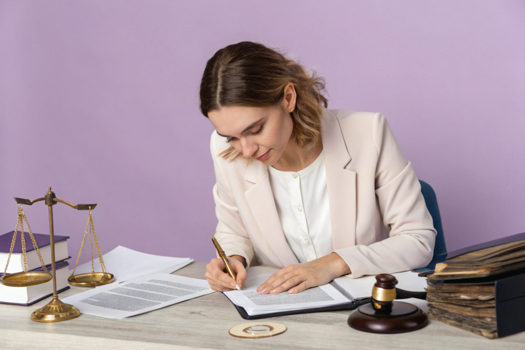  beautiful lawyer woman analyzing evidence files a