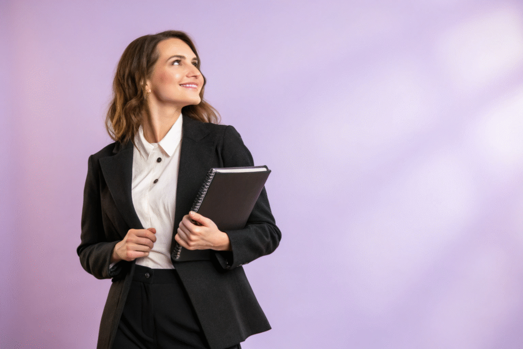 beautiful lawyer woman holding a planne lilac pho