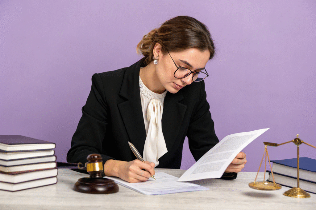 beautiful lawyer woman reviewing a business contra