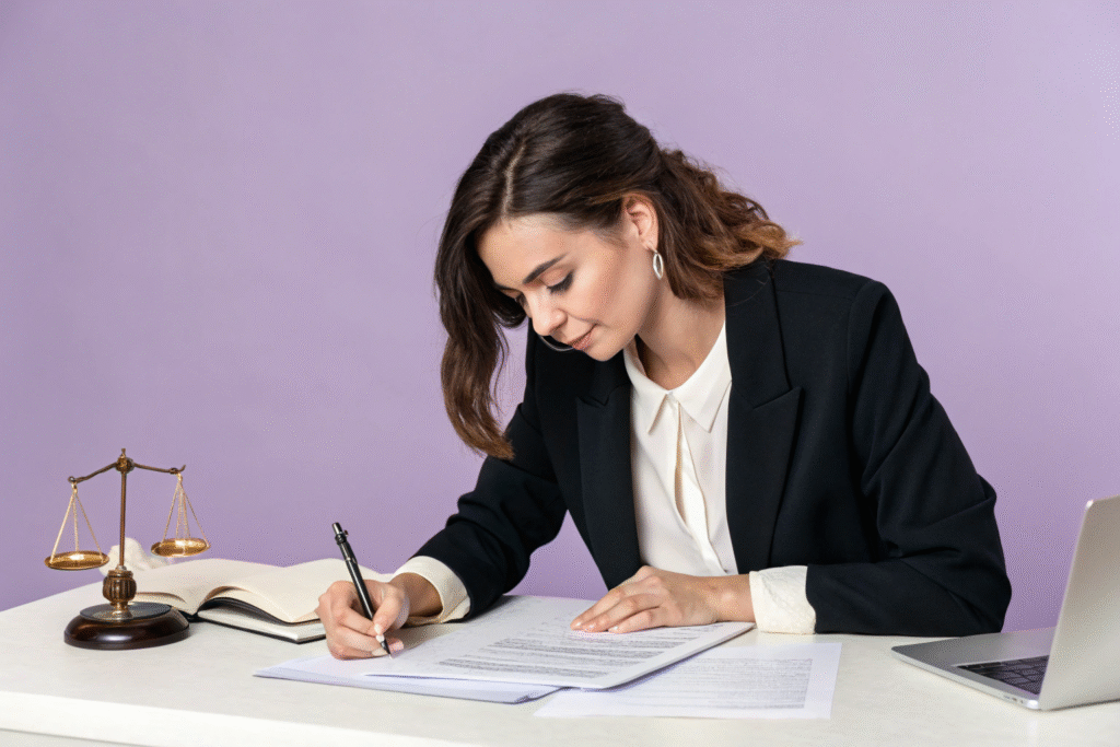 beautiful lawyer woman signing and reviewing legal