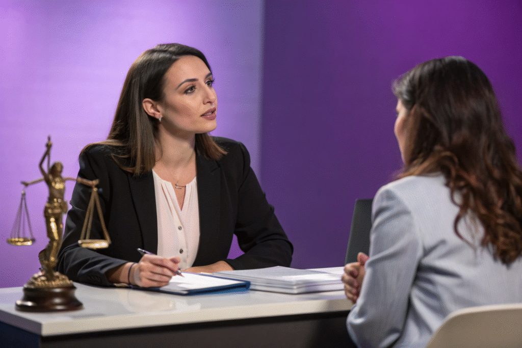 beautiful lawyer woman speaking with a client acro