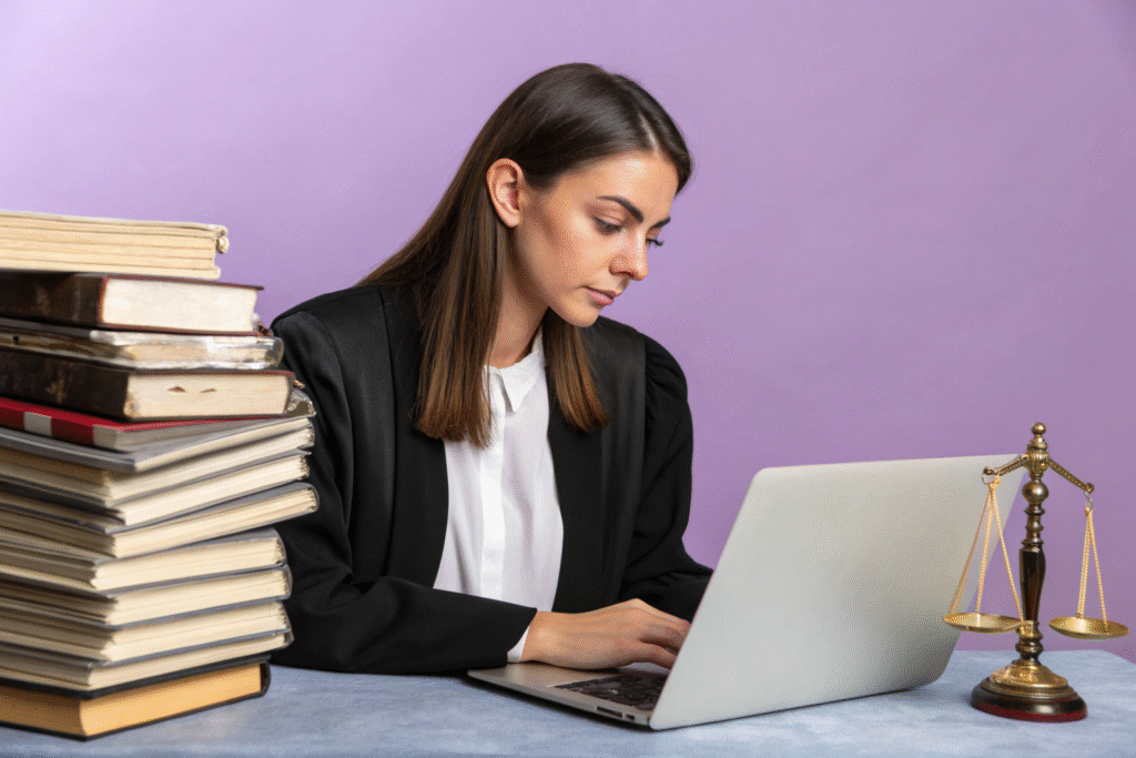 beautiful lawyer woman working with a stack of leg