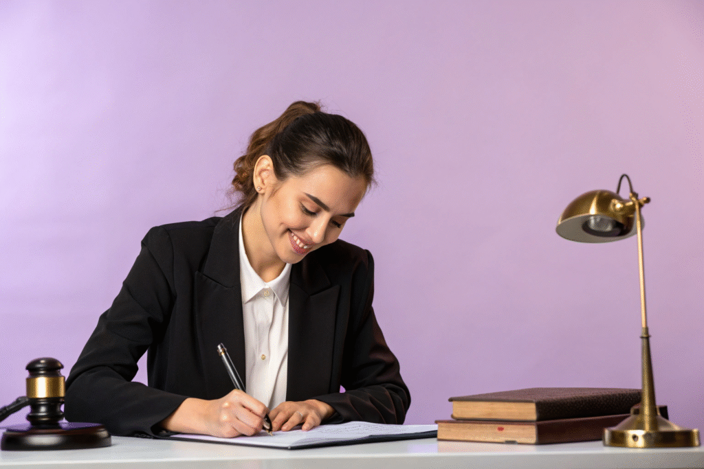 beautiful lawyer woman writing legal document with