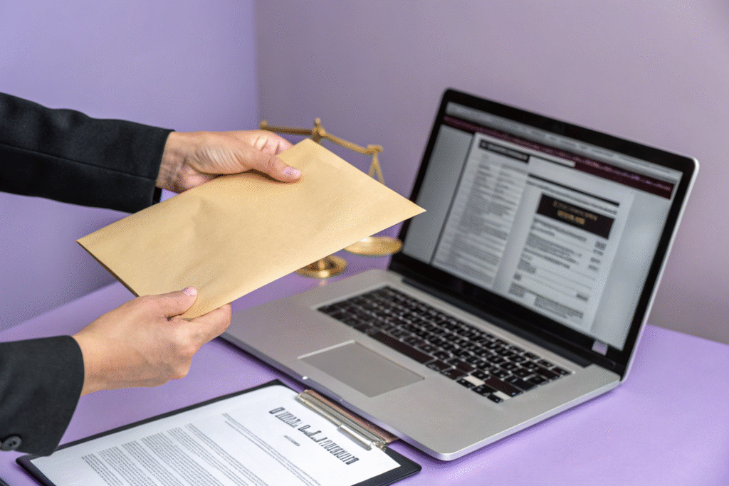 hand delivering legal envelope digital paperwork 