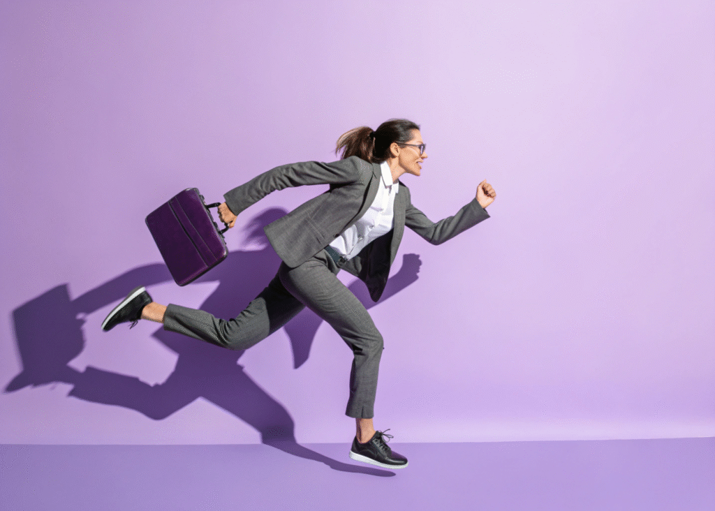 lawyer woman running on lilac background